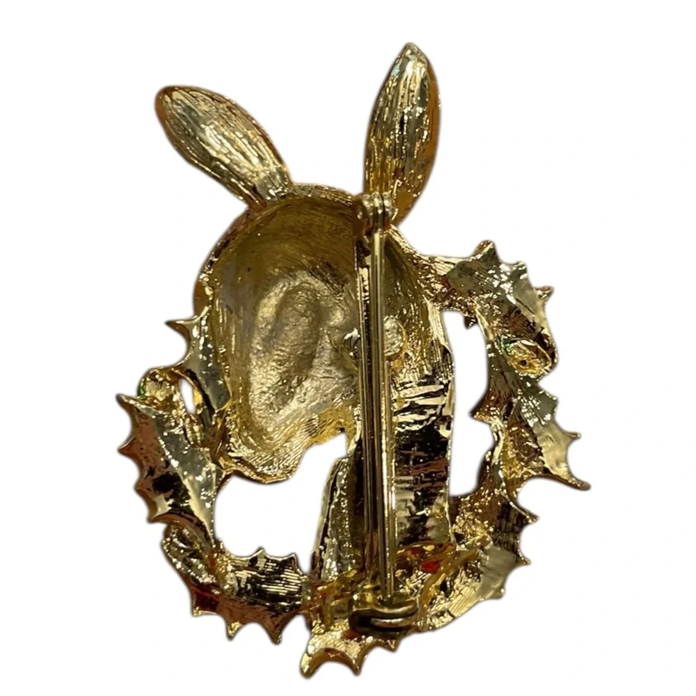 VTG Christmas‎ Reindeer Wreath Rhinestone Enamel Gold Tone Brooch Pin Woodland